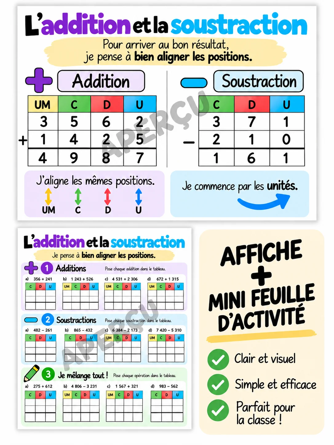 L’addition et la soustraction – Affiche + mini feuille d’activité product image (1)