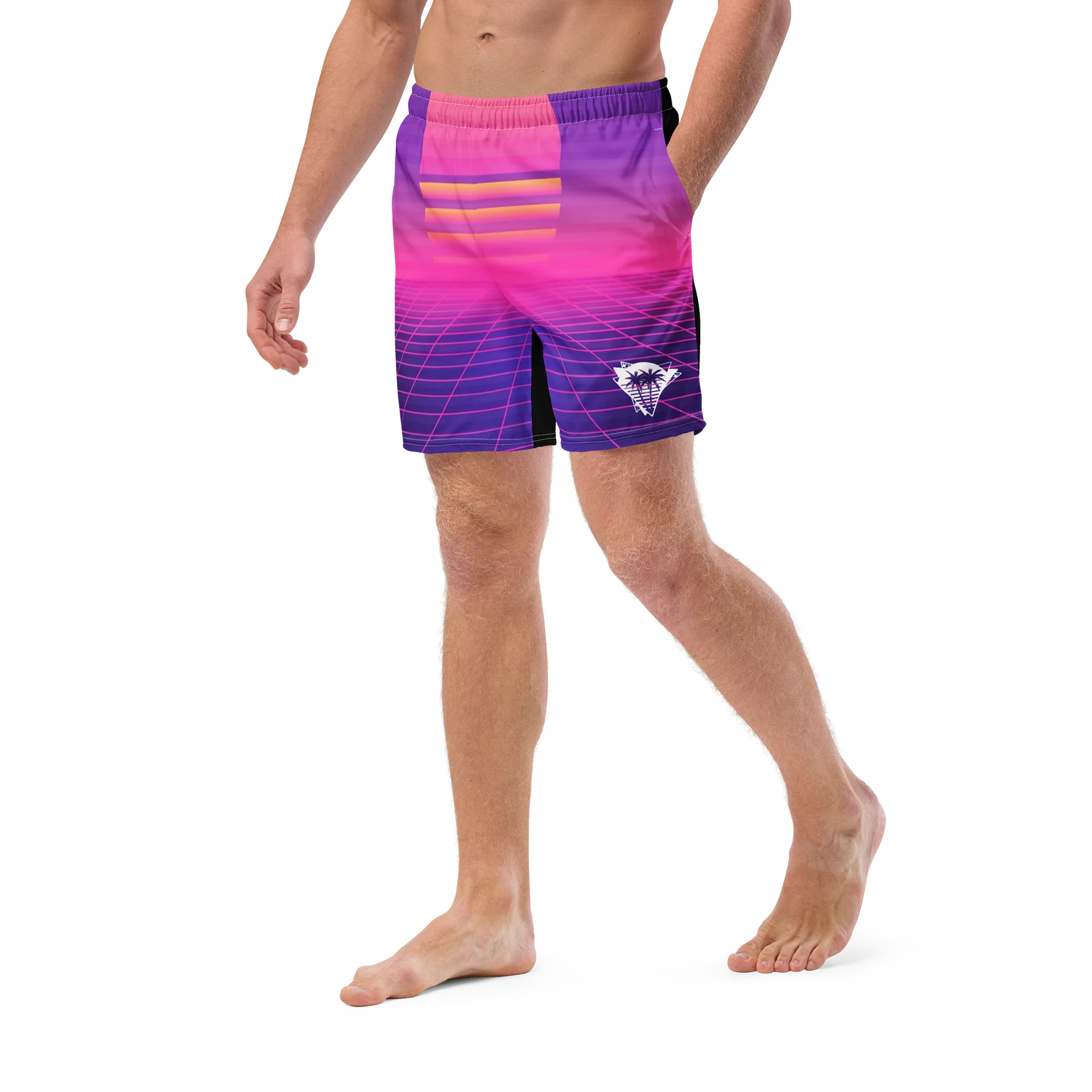 SUNSET SYNTHWAVE GRID SURFBOARD SHORT SWIM TRUNKS product image (5)