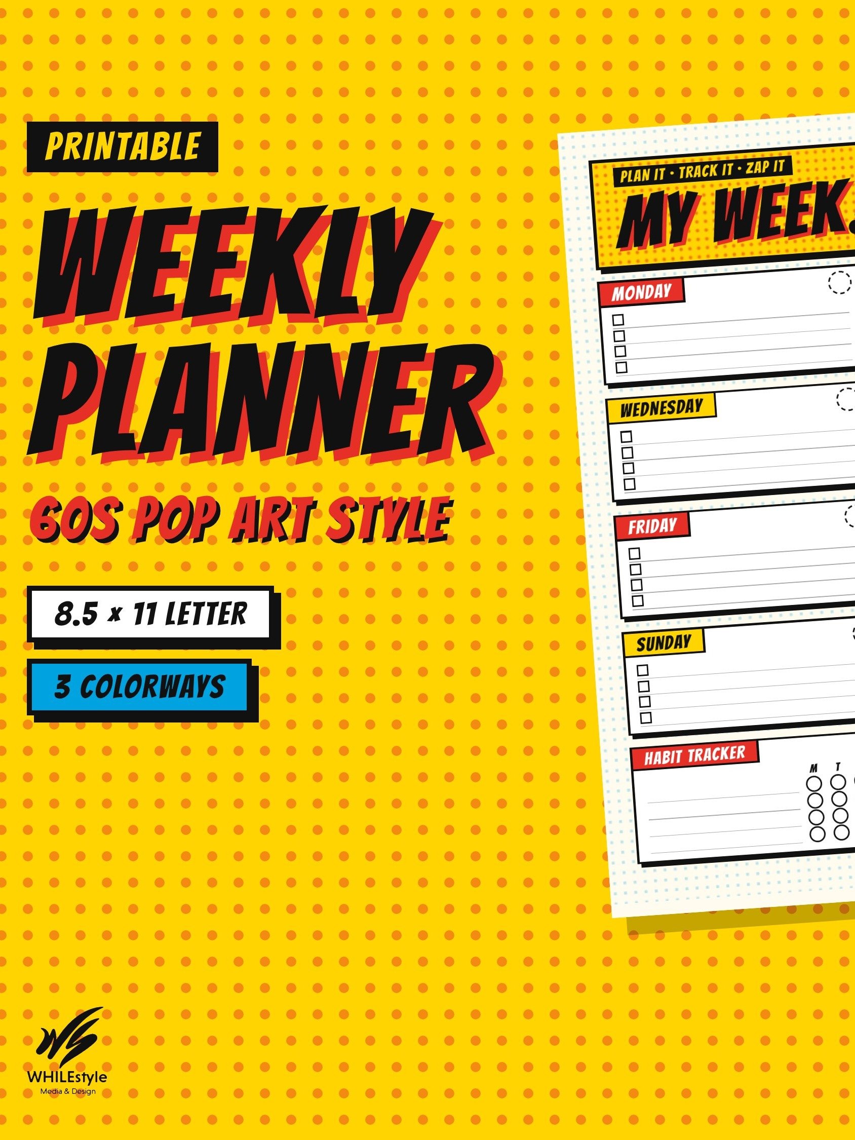 Printable Weekly Planner | Pop Art Weekly To Do List, Habit Tracker & Goals | Retro Comic Style | Letter Size PDF Instant Download product image (1)