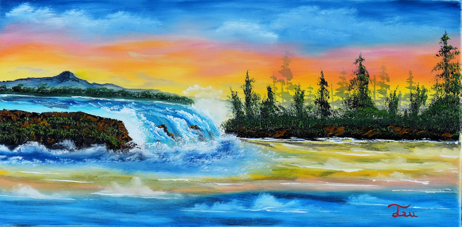 The Sunset Waterfall (Original) 10x20 Canvas product image (1)