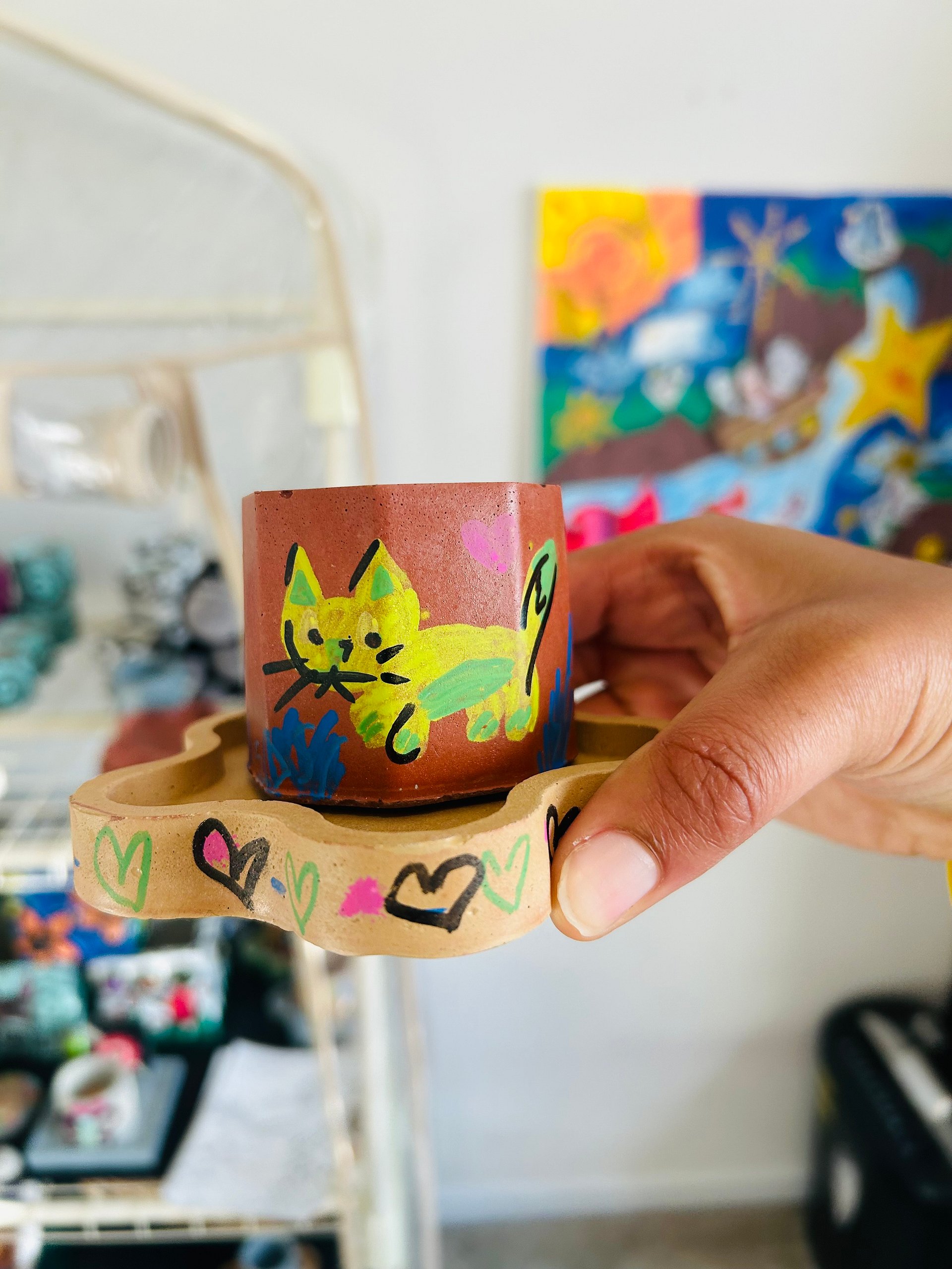 Neon kitty 1-1 original painted cement plant pot and tray product image (1)