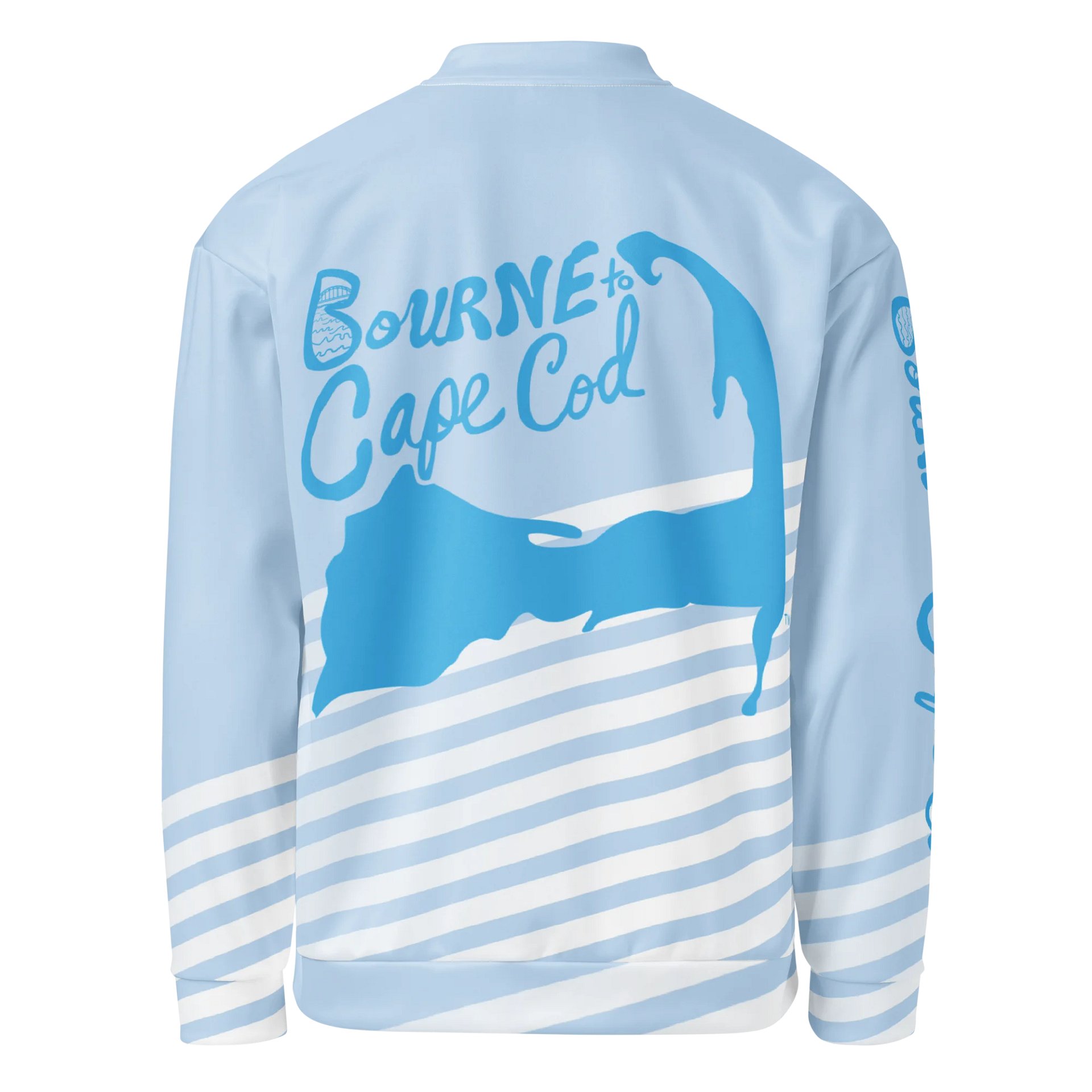 All-Over Print Bomber Jacket | Coastal Cool, City Bold | BOURNE to Cape Cod™ + BRN.2C.C.™ Style | Deep Sky Blue Logos on Skyline Stripes product image (2)