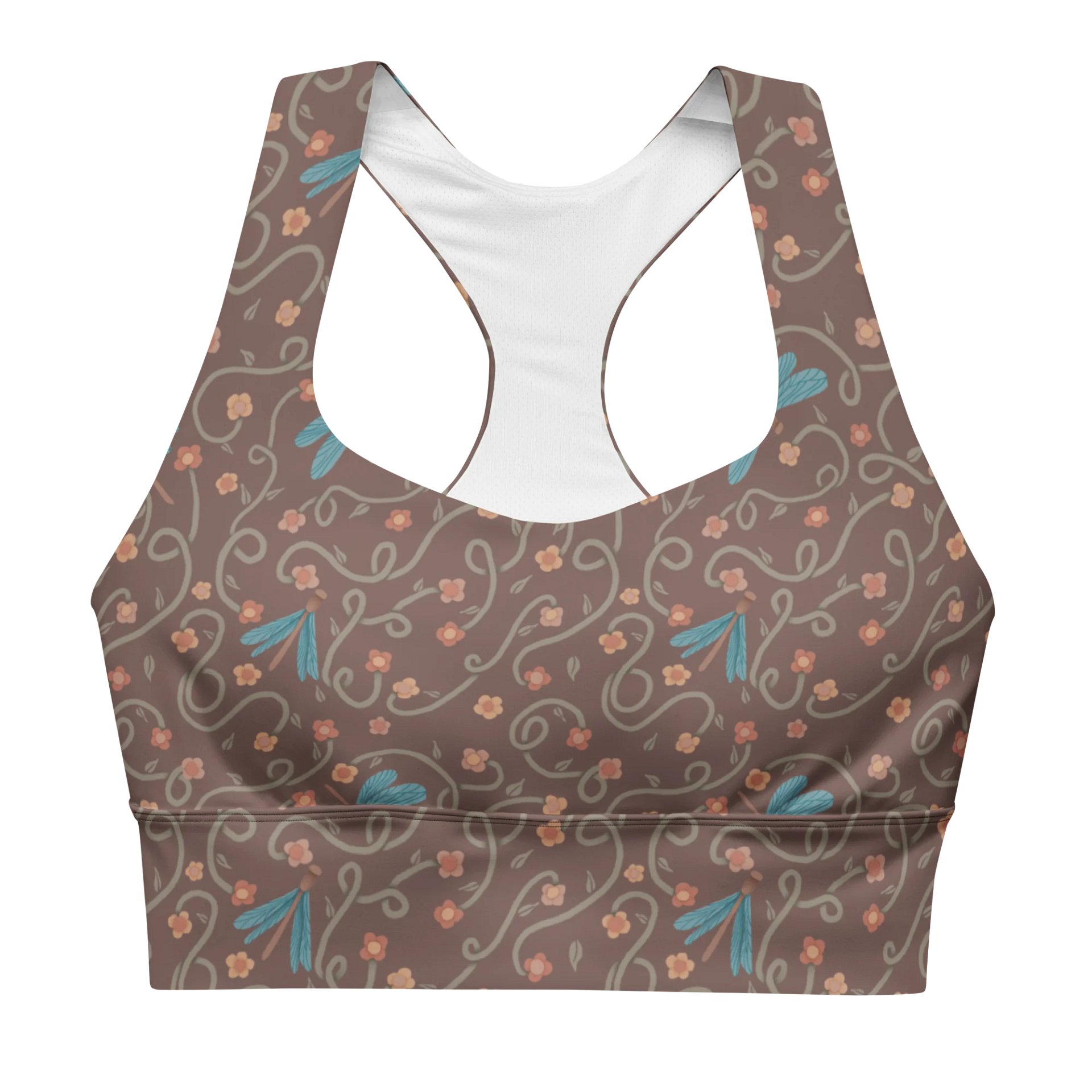 All-Over recycled longline sports bra. Dragonfly and floral artistic activewear product image (2)