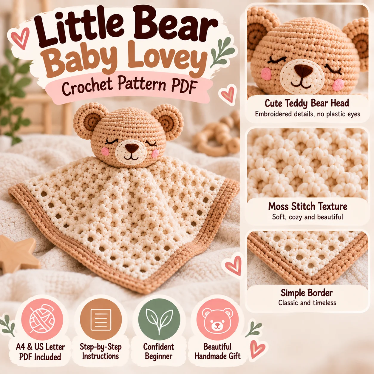 Little Bear Baby Lovey Crochet Pattern PDF | Teddy Bear Security Blanket product image (3)