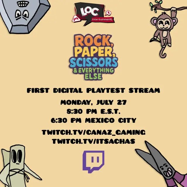 Join us tonight for a playtest of our first tabletop game: Rock, Paper, Scissors and everything else!