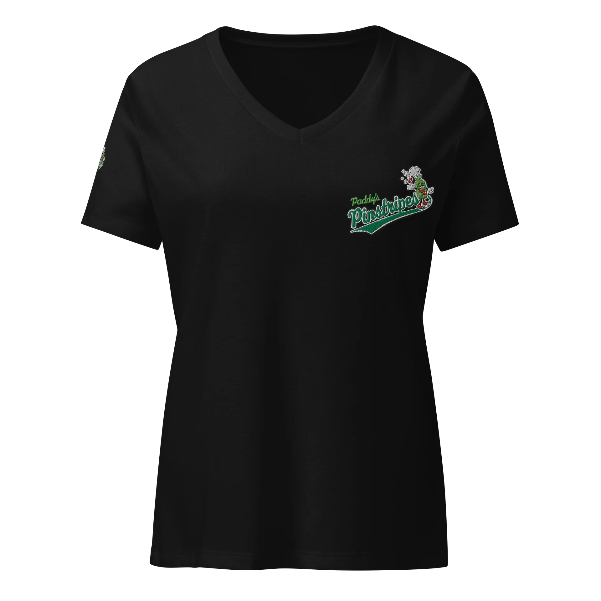 Paddy’s Pinstripes Green Bottle Logo V-Neck Tee product image (1)