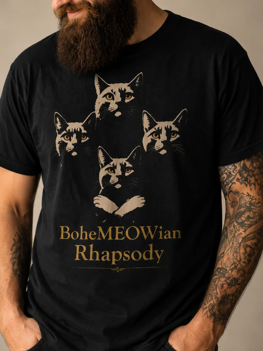 BoheMEOWian Rhapsody Cat T-Shirt – Funny Queen-Inspired Cat Lover Tee, Vintage Music Meme Shirt product image (2)