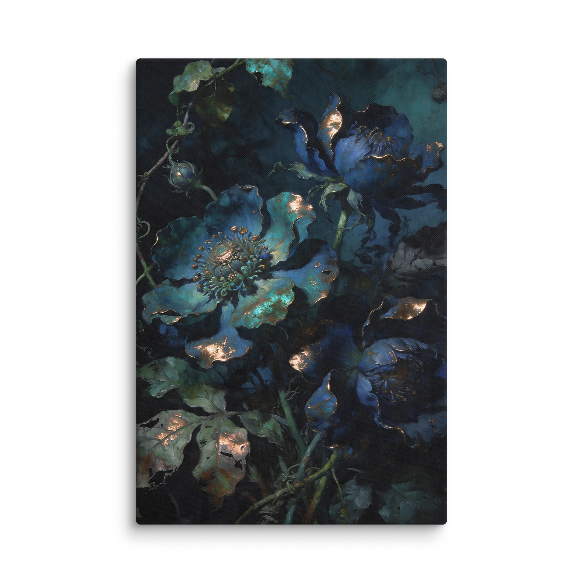 Midnight Blue Peonies | Dark Botanical Oil Painting Print | Gold Leaf Floral Canvas Art | Moody Maximalist Wall Decor | Dutch Master Floral Art Print product image (1)