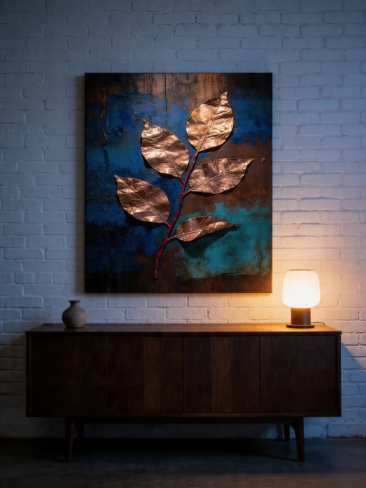 Copper Leaf Branch Wall Art | Mixed Media Botanical Canvas Print | Patina Blue Verdigris | Industrial Botanical Decor | Moody Maximalist Art product image (2)
