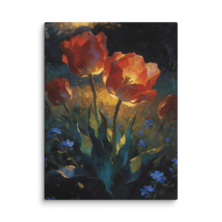Red Tulips at Dusk | Dark Botanical Oil Painting Print | Moody Floral Canvas Art | Forget Me Not | Dutch Master Style Wall Decor product image (1)