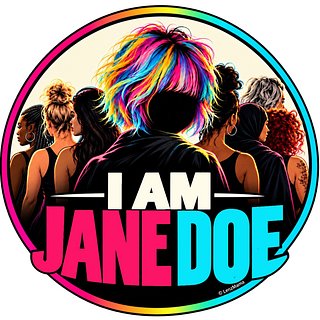 Official I AM JANE DOE logo featuring a faceless woman with rainbow hair surrounded by a diverse group of women, with bold pink and cyan “I AM JANE DOE” text inside a circular rainbow border.