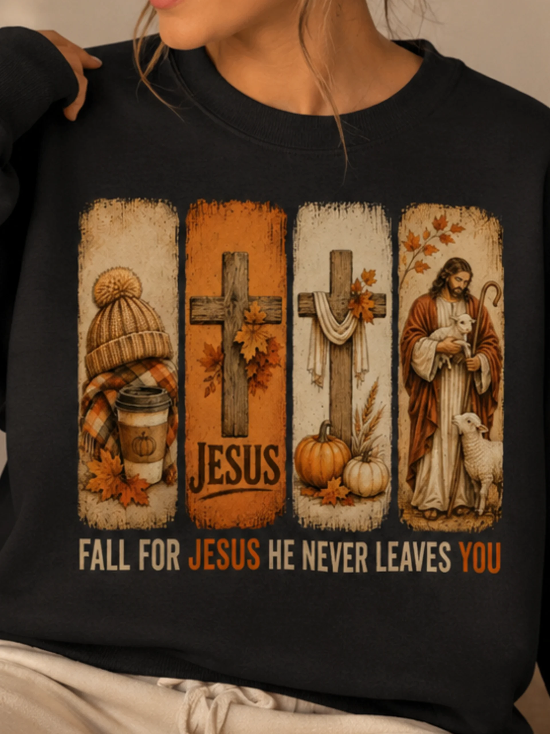 Fall for Jesus He Never Leaves You Sweatshirt | Funny Autumn Christian Crewneck product image (1)