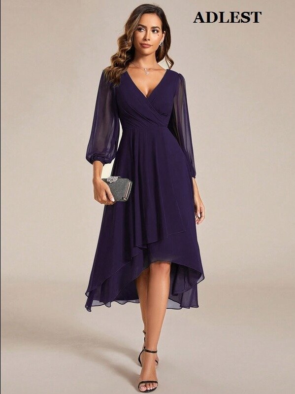 ADLEST Elegant Lantern Sleeve Pleated Chiffon Burgundy Long Sleeve Bridesmaid Dress, Formal Wedding Guest Dress Spring product image (1)