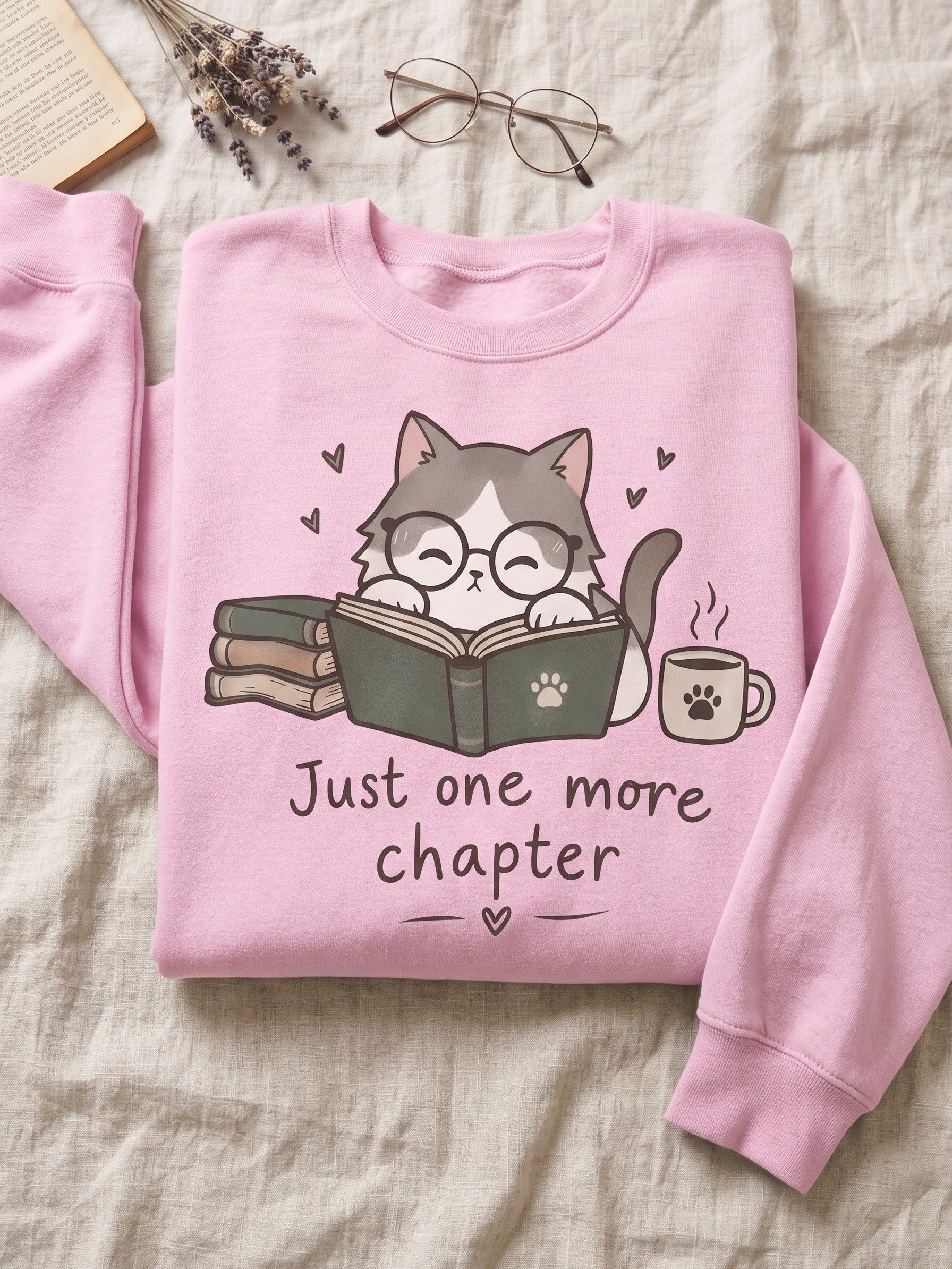 Just One More Chapter Sweatshirt, Cute Cat Book Lover Gift product image (1)
