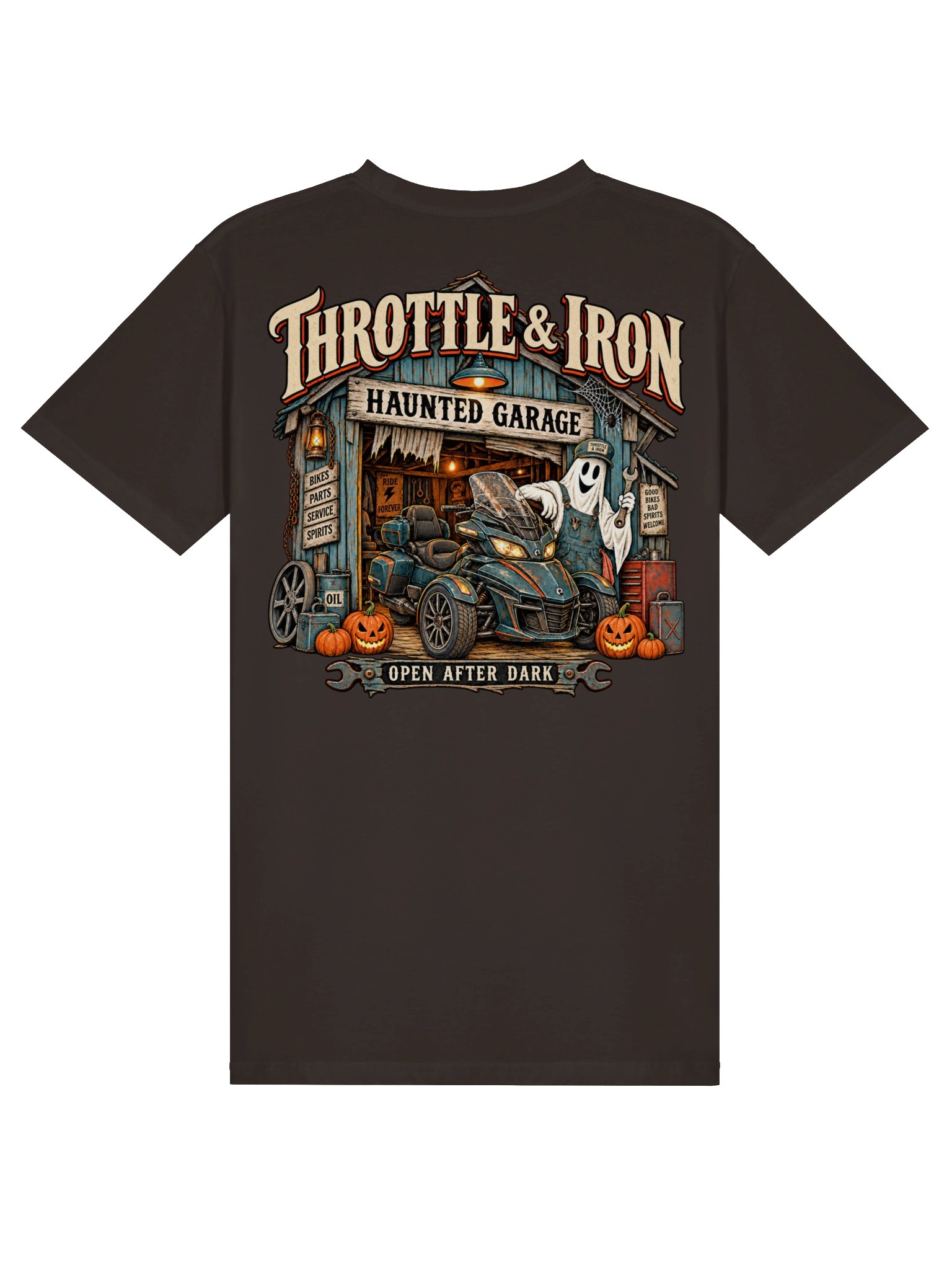 Throttle & Iron Haunted Garage Spyder Halloween T-Shirt product image (2)
