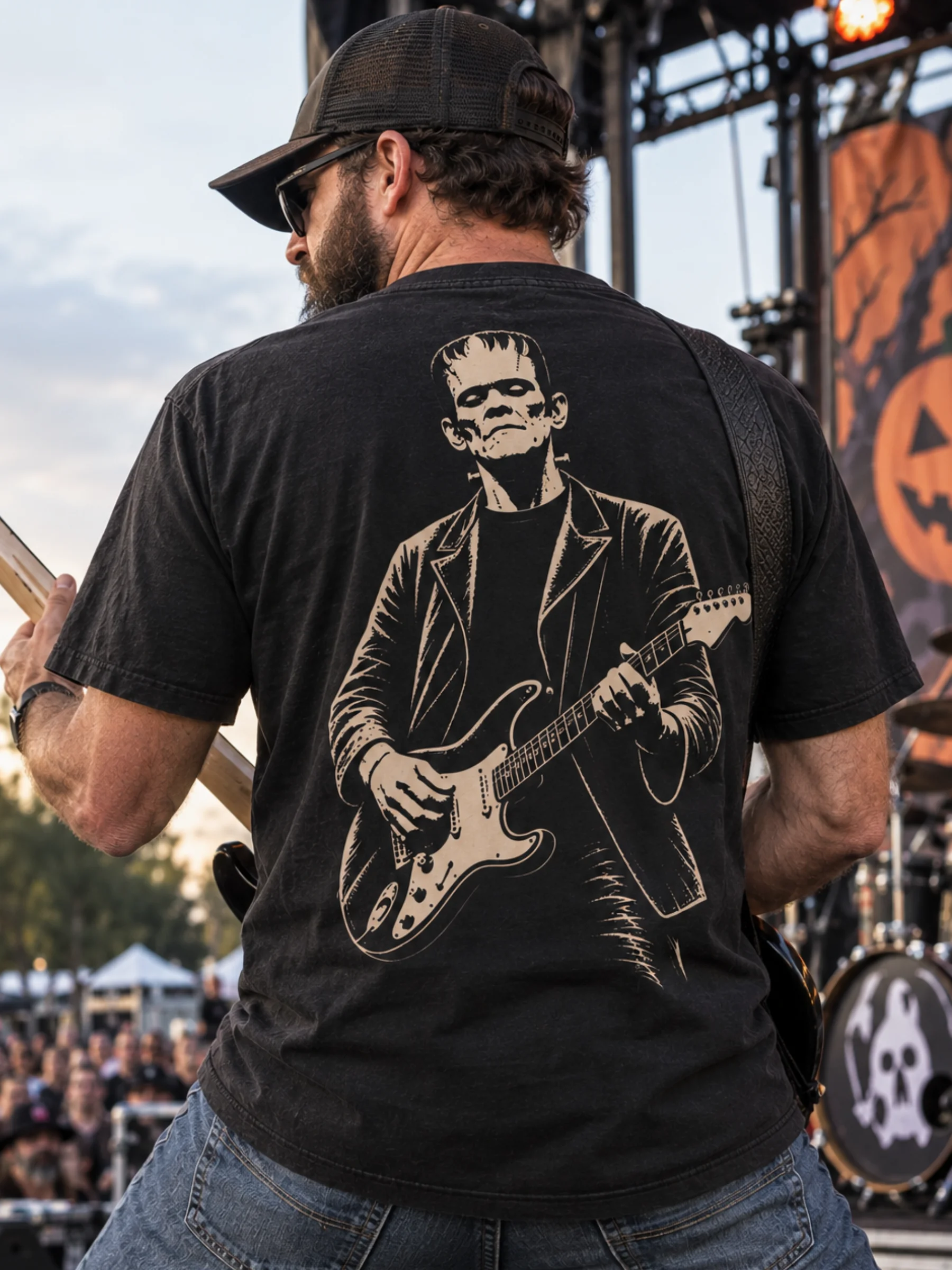 Monochrome Frankenstein Playing Guitar Halloween Shirt product image (3)