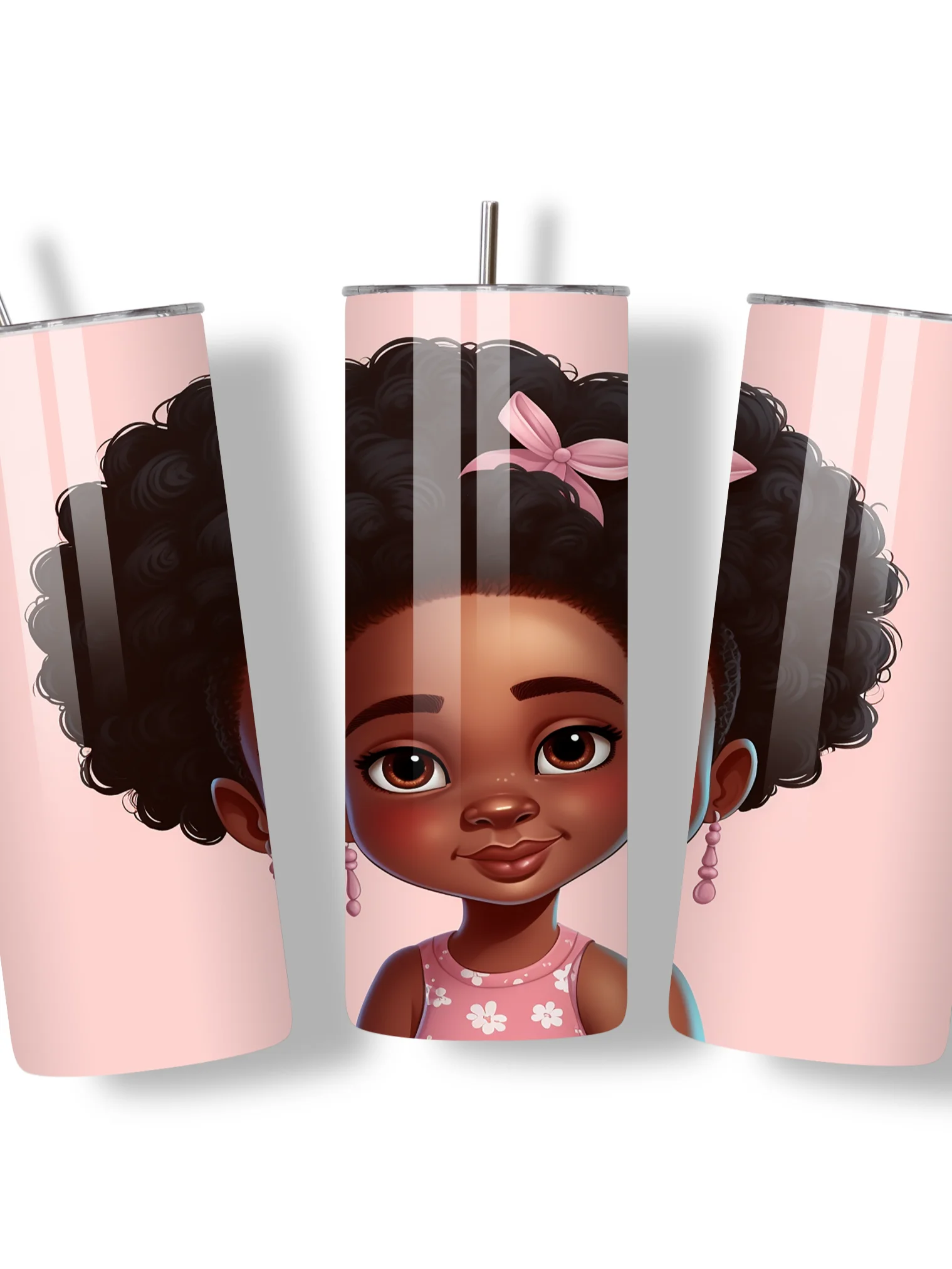 Adorable Afro Princess 20oz Skinny Tumbler with Metal Straw – Cute Pink Bow Design for Kids and Adults – Double-Walled Insulated Stainless Steel Tumbler for Hot & Cold Drinks product image (4)