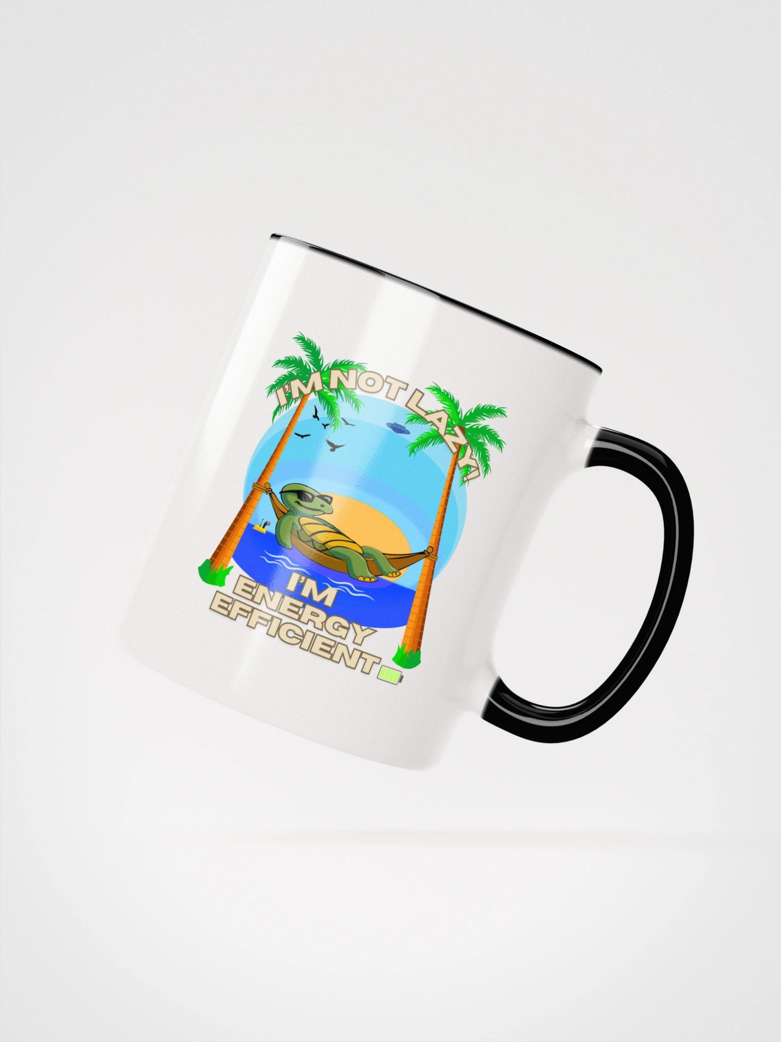 "I'm Not Lazy I'm Energy Efficient Turtle Mug – Funny Beach Hammock Coffee Cup with Sunrise & Palm Trees (11oz / 15oz)" product image (12)