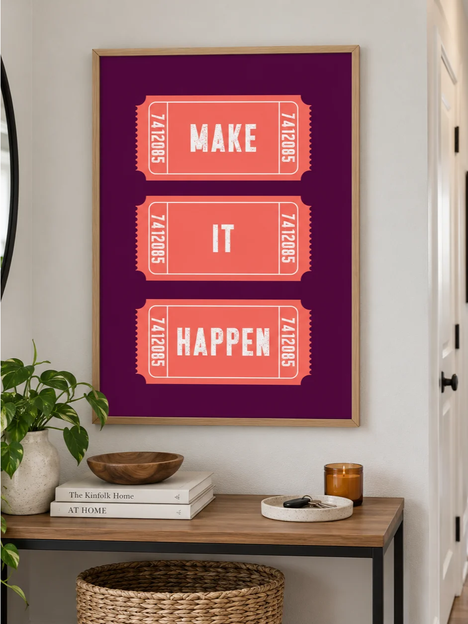 Make It Happen Motivational Poster, Retro Ticket Design, Purple Coral Typography Wall Art, Distressed Lettering, Printable Inspirational Art product image (10)