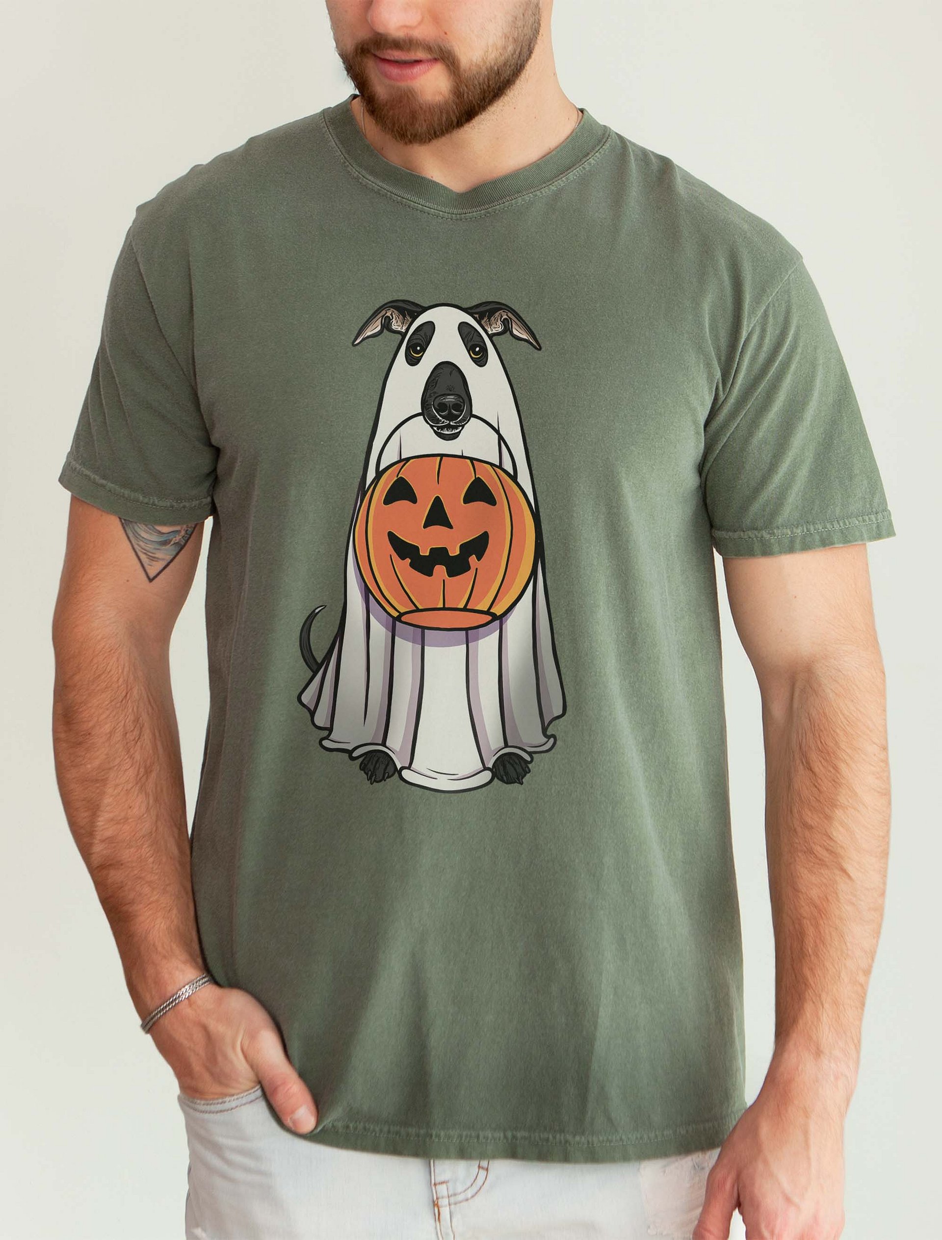 Funny Halloween Italian Greyhound(Black) T-Shirt | Funny Iggy Wearing a Ghost Costume and Holding a Pumpkin Basket product image (2)