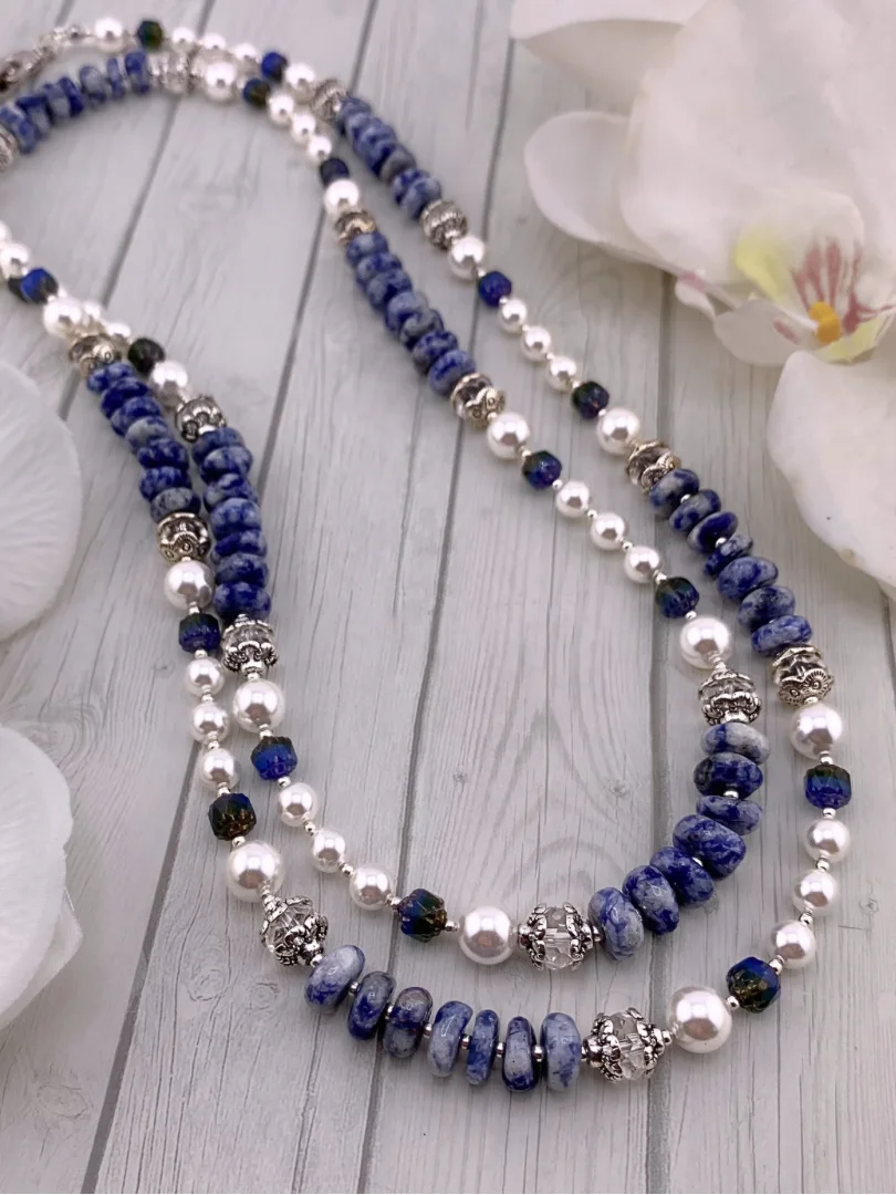 Blue Spotted Jasper and Pearl Beaded Necklace product image (1)