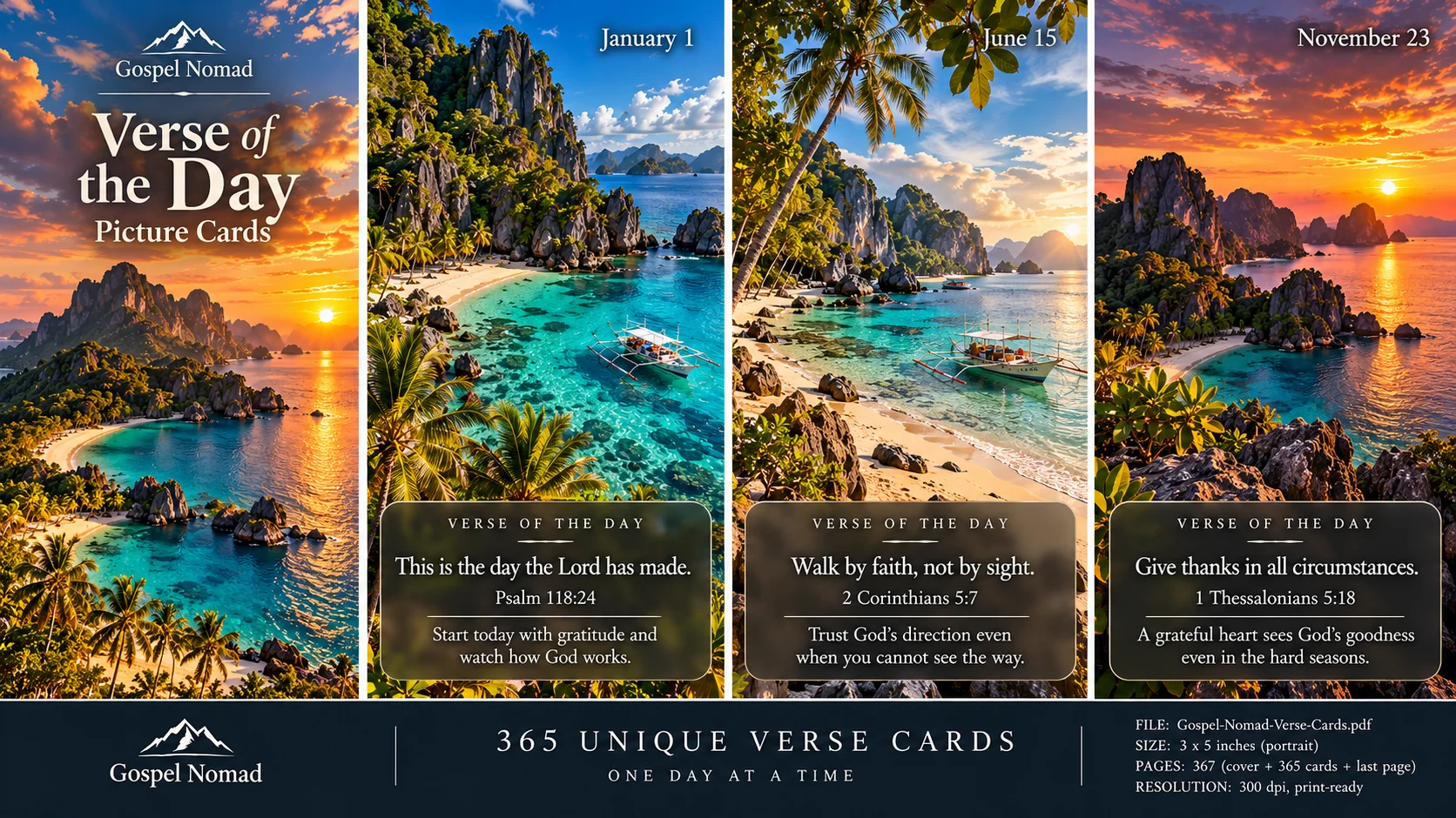 Gospel Nomad Verse of the Day Picture Cards, 365 Tropical KJV Scripture Cards, Printable PDF product image (1)