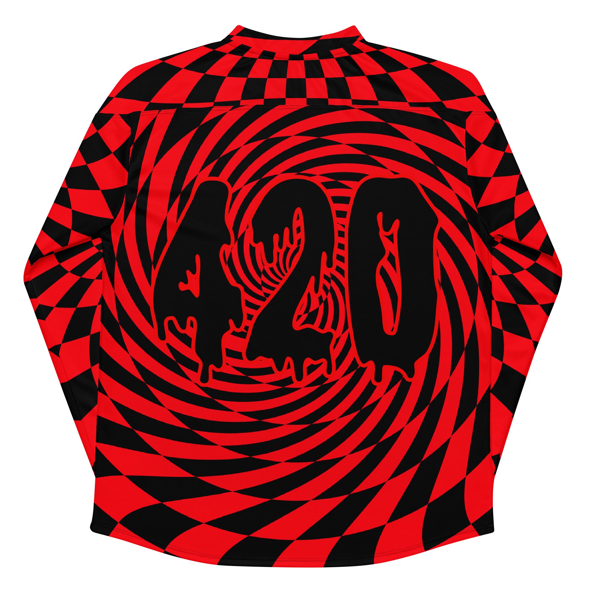 Red Black 420 Hockey Jersey, EDM Cannabis Clothes, Psychedelic Spirals Stoner Shirt, Weed Rave Retro Fashion, Trippy Checkers Festival Top product image (7)