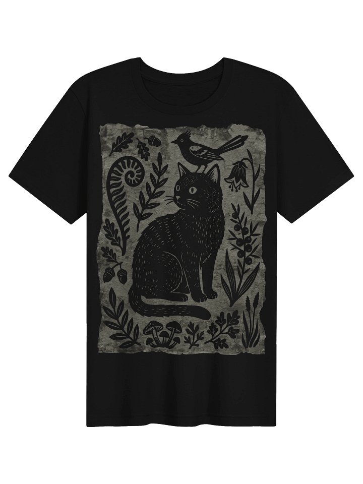 Linocut Cat & Bird T-Shirt | Cottagecore Folk Art Tee product image (2)