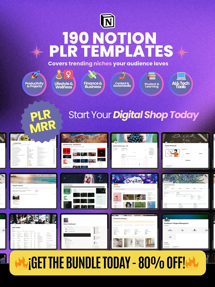 190 Notion PLR Templates & Planners Bundle | PLR Products, Plr Mrr, Master Resell Rights product image (1)