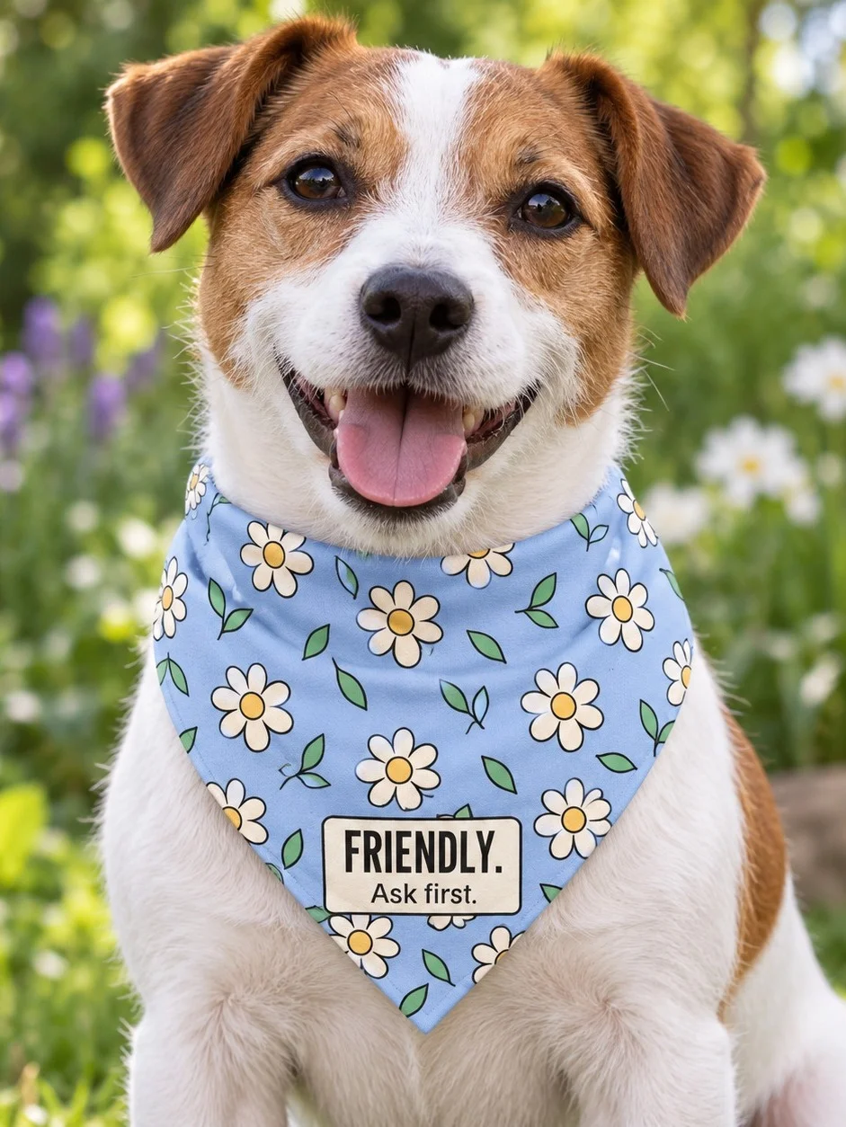 Friendly, Ask First Dog Bandana (Sky Daisy)