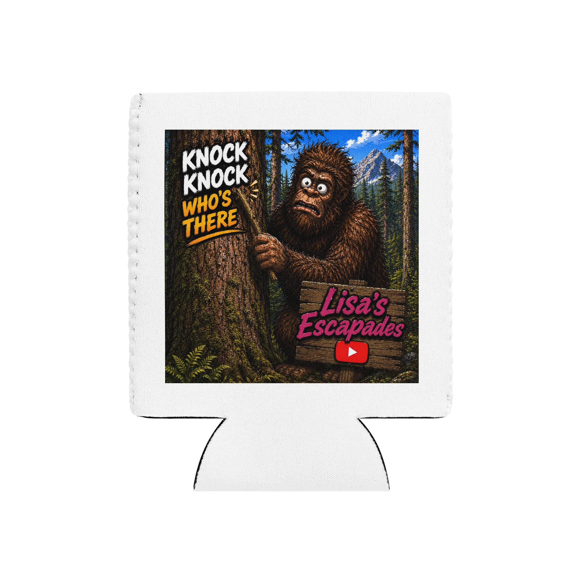 Bigfoot Knock Knock Forest Coozie Can Cooler product image (1)