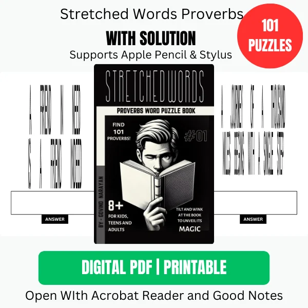 Stretched Words Proverbs Word Puzzle Book For Kids, Teens, and Adults: Ages 8+ Activity Book } Ebook | Printable PDF product image (1)