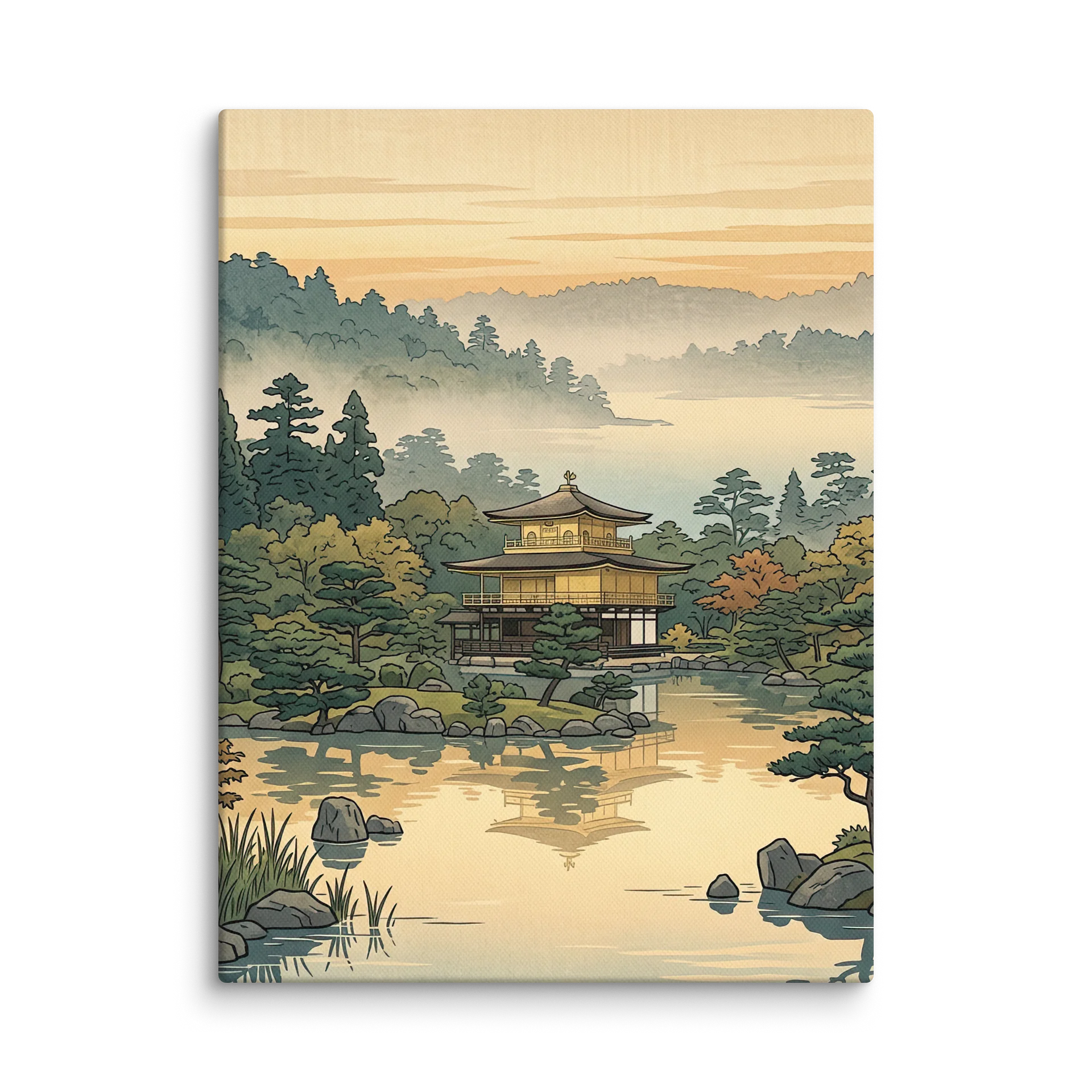 Golden Pavilion Reflection Canvas - Zen Minimalist Art product image (1)