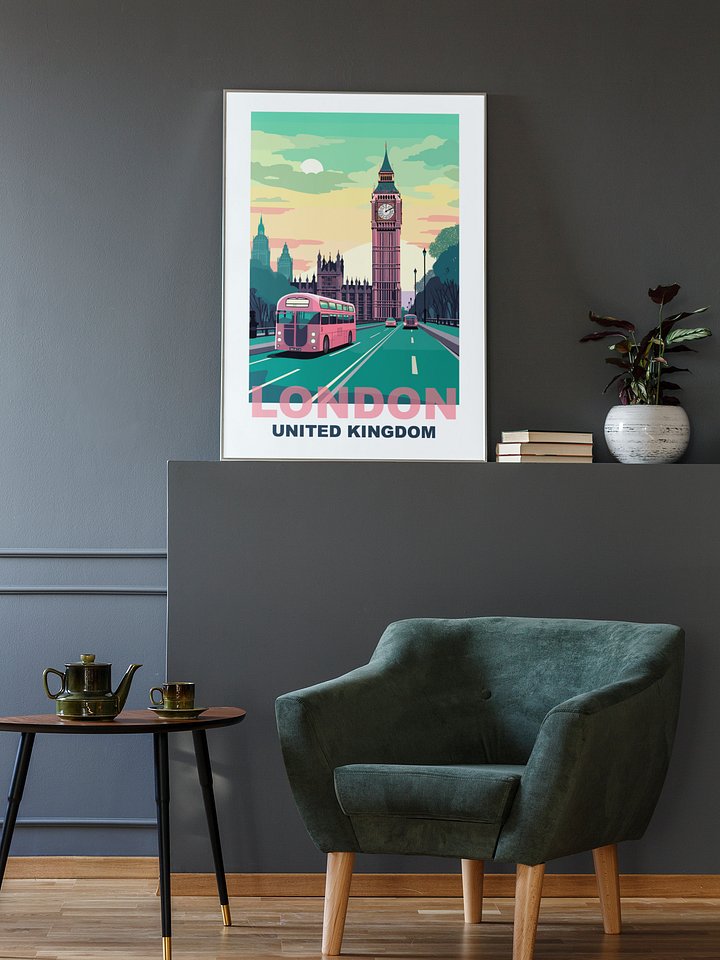 Classic London Cityscape Poster with Iconic Red Bus, Big Ben Sunrise Print, United Kingdom Urban Art, British Travel Wall Decor product image (2)