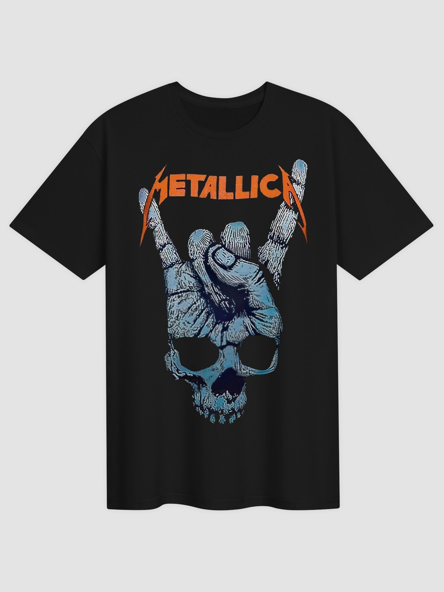 Metallica Devil Horns Skull T-Shirt | Blue Skull Dark Art Graphic Tee | Heavy Metal Hand Sign Orange Logo Collector Band Shirt product image (2)