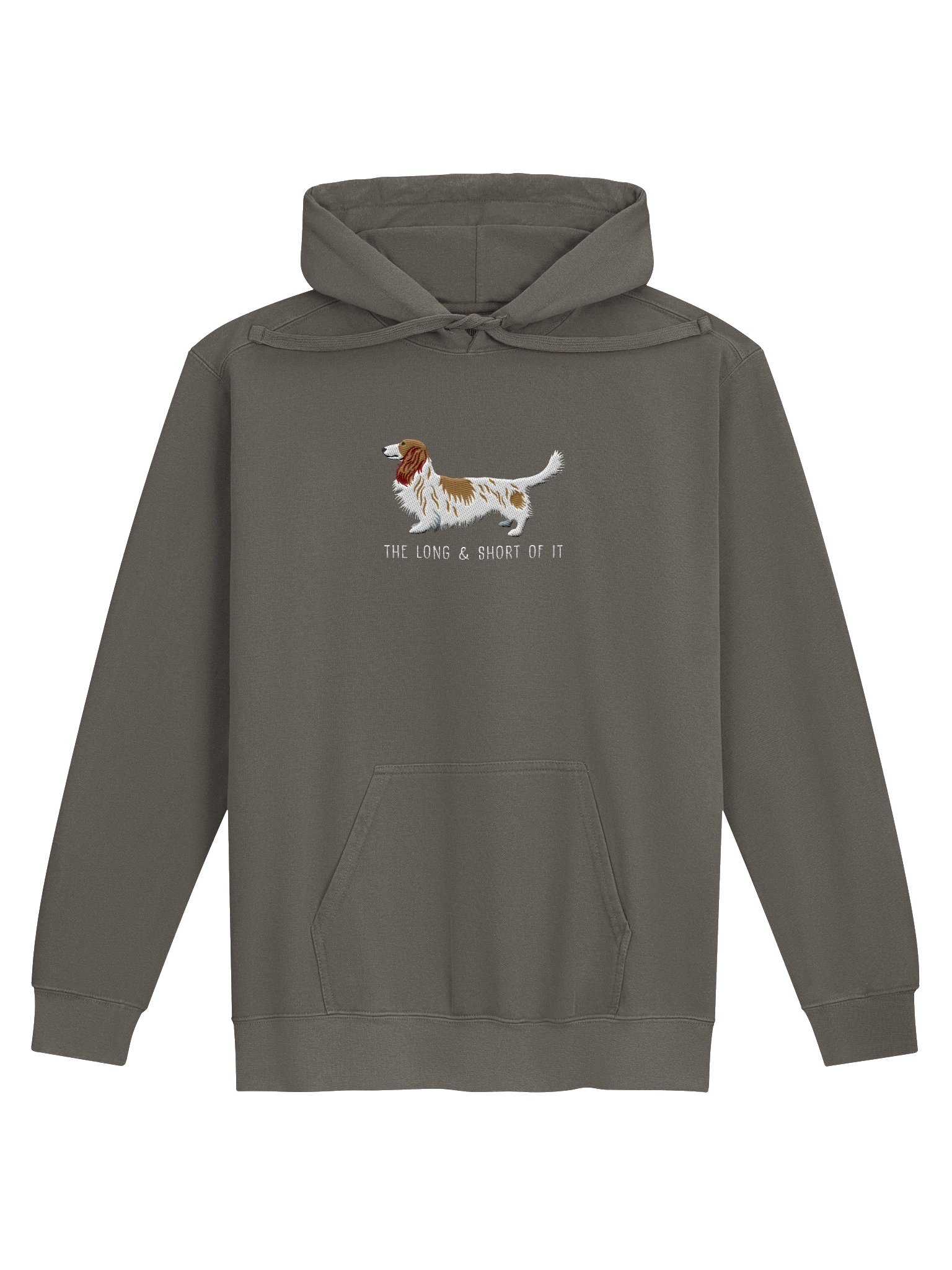 The Long & Short of It Premium Hoodie (Embroidered) of a Longhaired Dachshund(Pied Brown & White) product image (1)