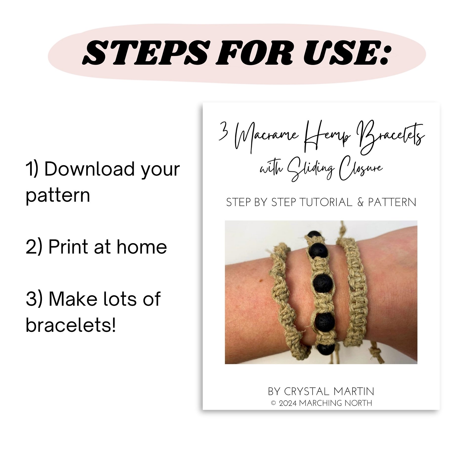 3 Macrame Hemp Bracelet Patterns | Sliding Closure (Digital PDF Pattern) product image (3)