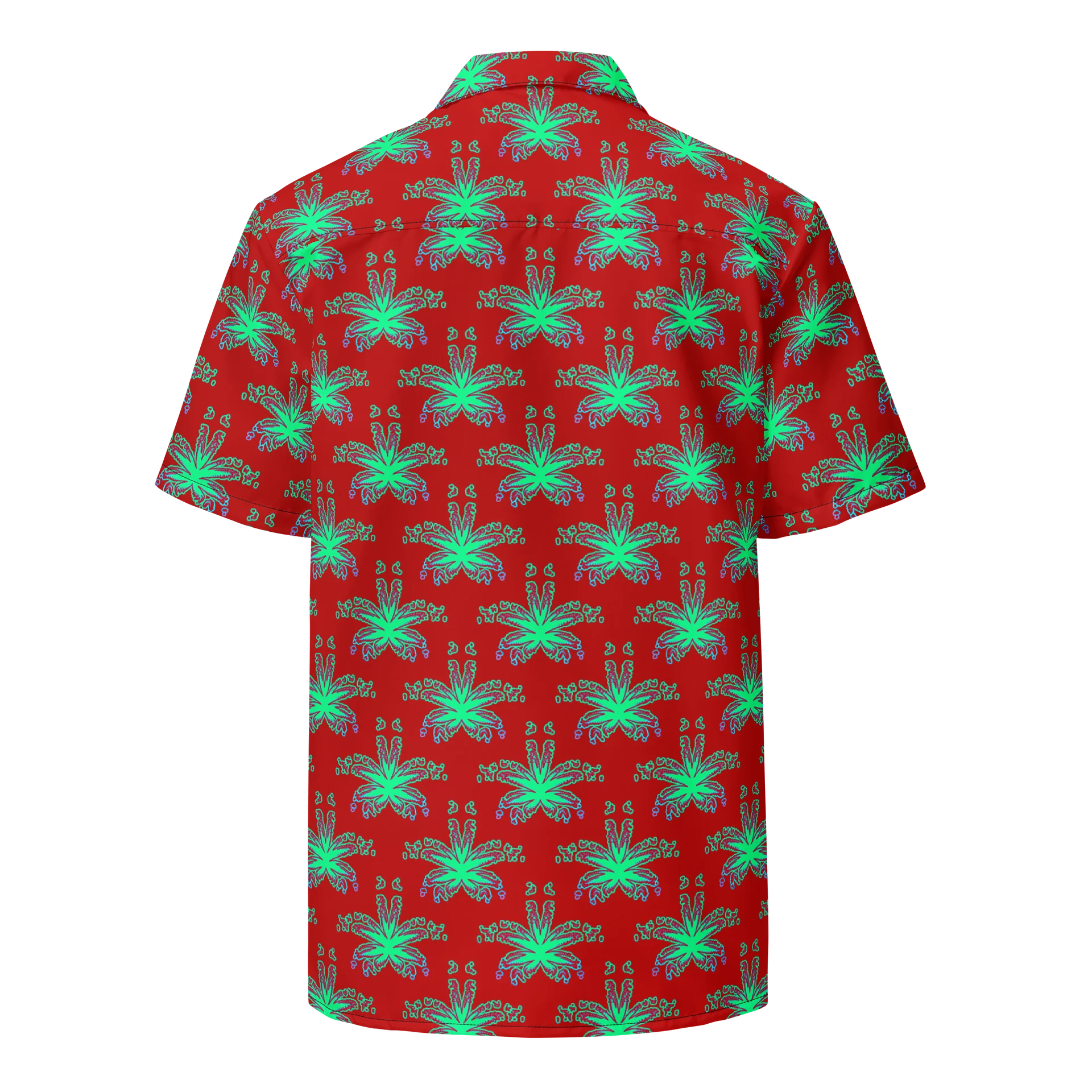 Red Weed Leaf Cannabis Beach Button Shirt, 420 Summertime Stoner Festival Clothing, Green Ganja Pot Leaves Pattern Weedy Weirdo Fashion product image (2)