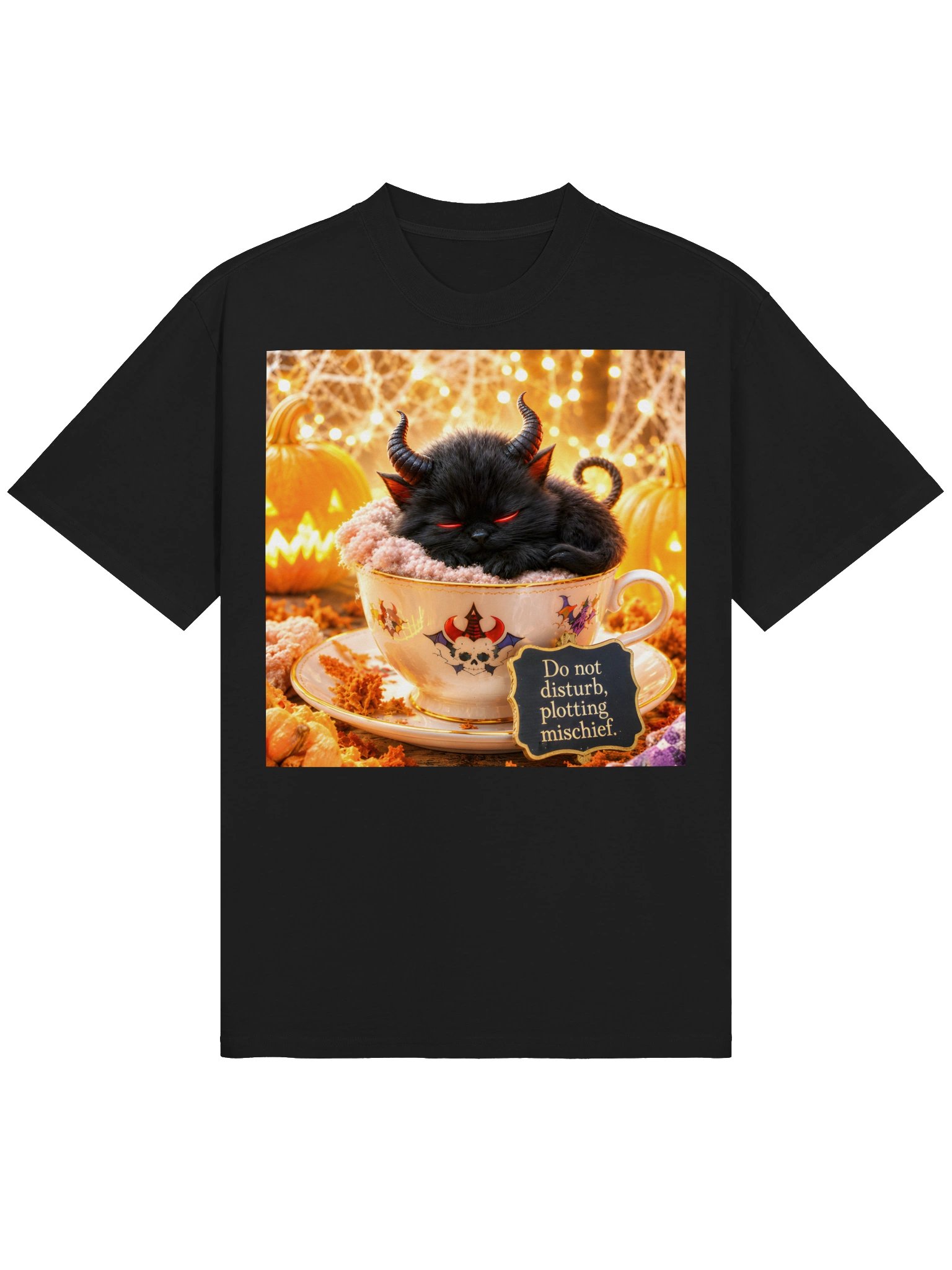 Black Faded Oversized Unisex T-Shirt | Funny Demon Cat Halloween Gift for Cat & Tea Lovers Tee product image (3)