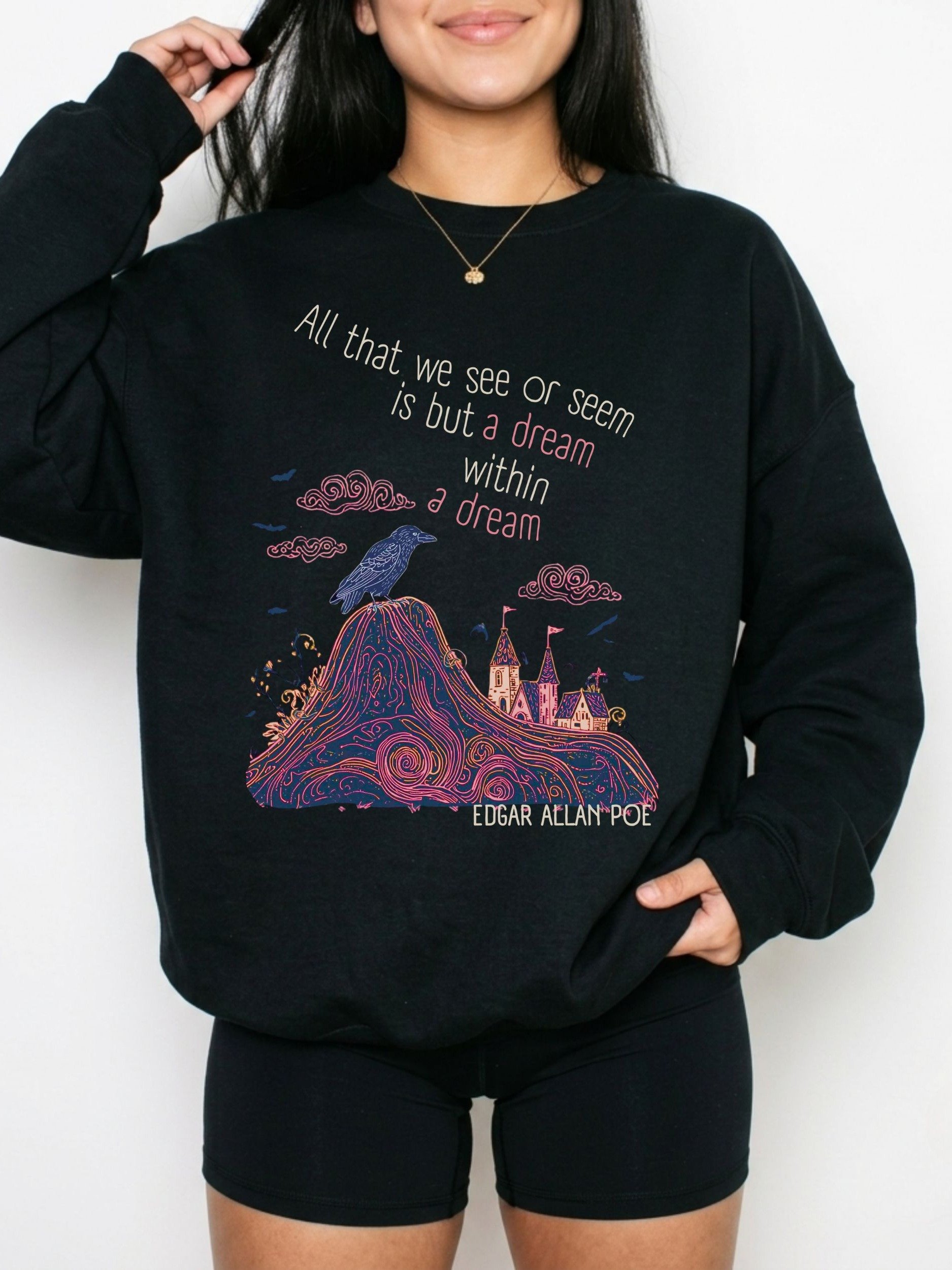Dream Within a Dream Crewneck, Edgar Allan Poe Quote, Raven & Castle Graphic product image (2)