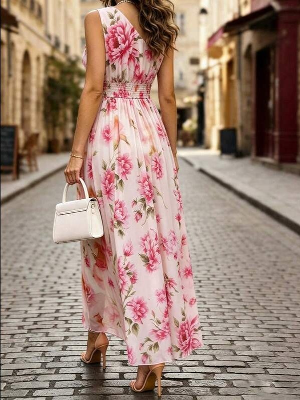 Shop the EMERY ROSE Pink Asymmetrical Peony Print Chiffon Long Dress at ADLEST. Perfect elegant vacation and summer outfit for weddings, parties, and daily wear. product image (2)