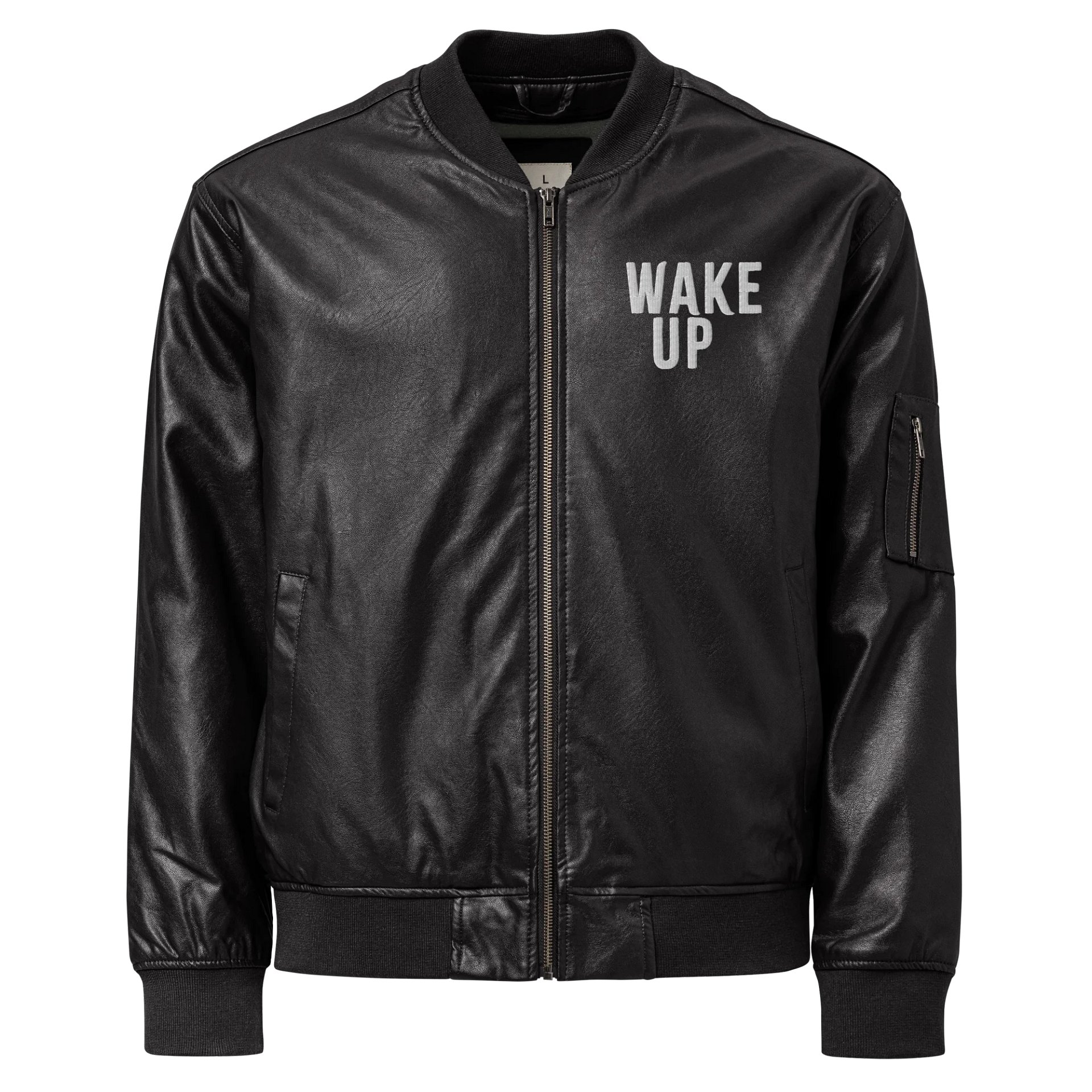 “Wake Up” embroidered Threadfast Apparel faux leather bomber jacket – dark rock outerwear from Seven Shades of Nothing product image (1)