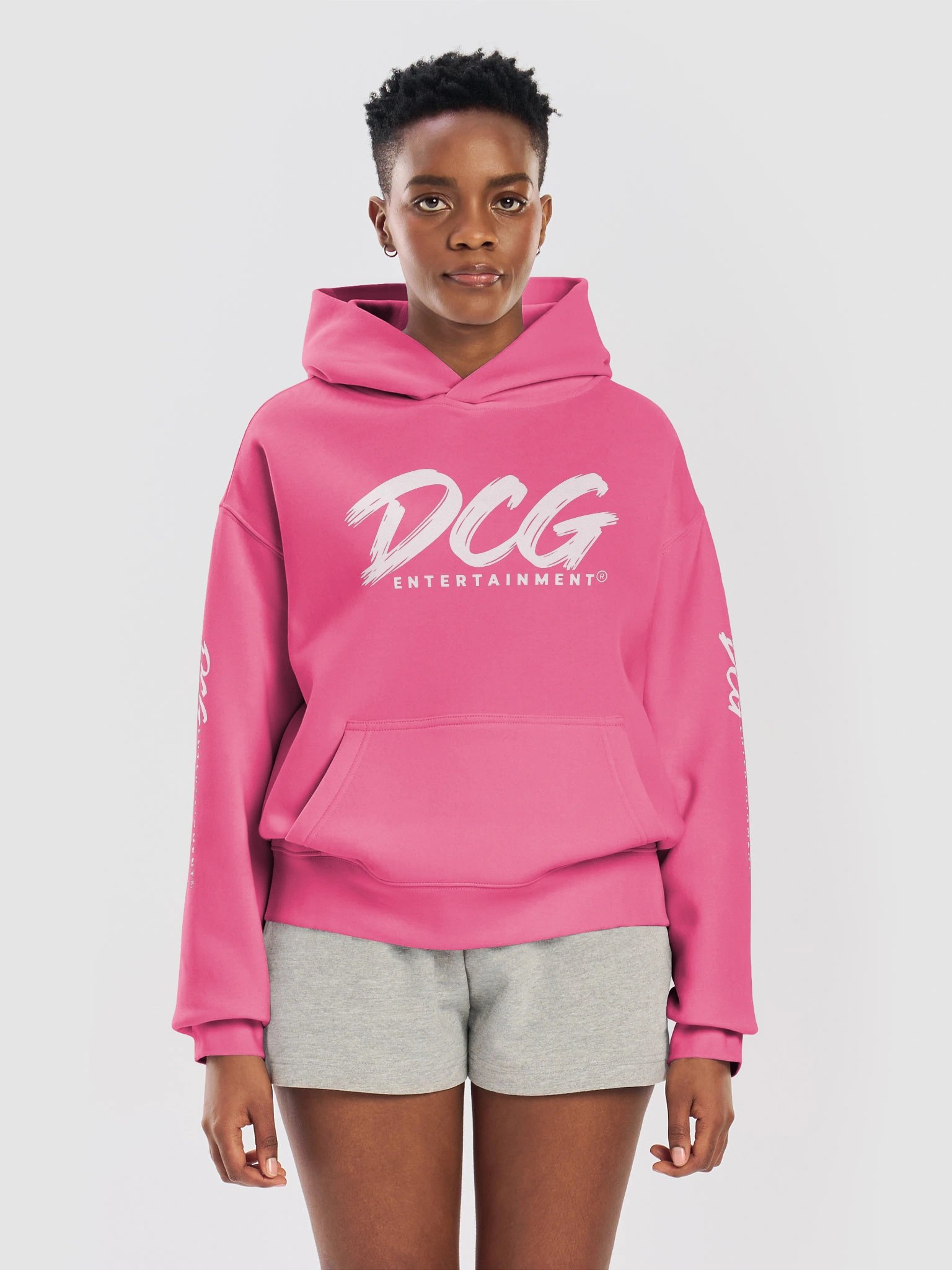 DCG Signature Women’s Relaxed Hoodie – White Logo on Pink product image (5)