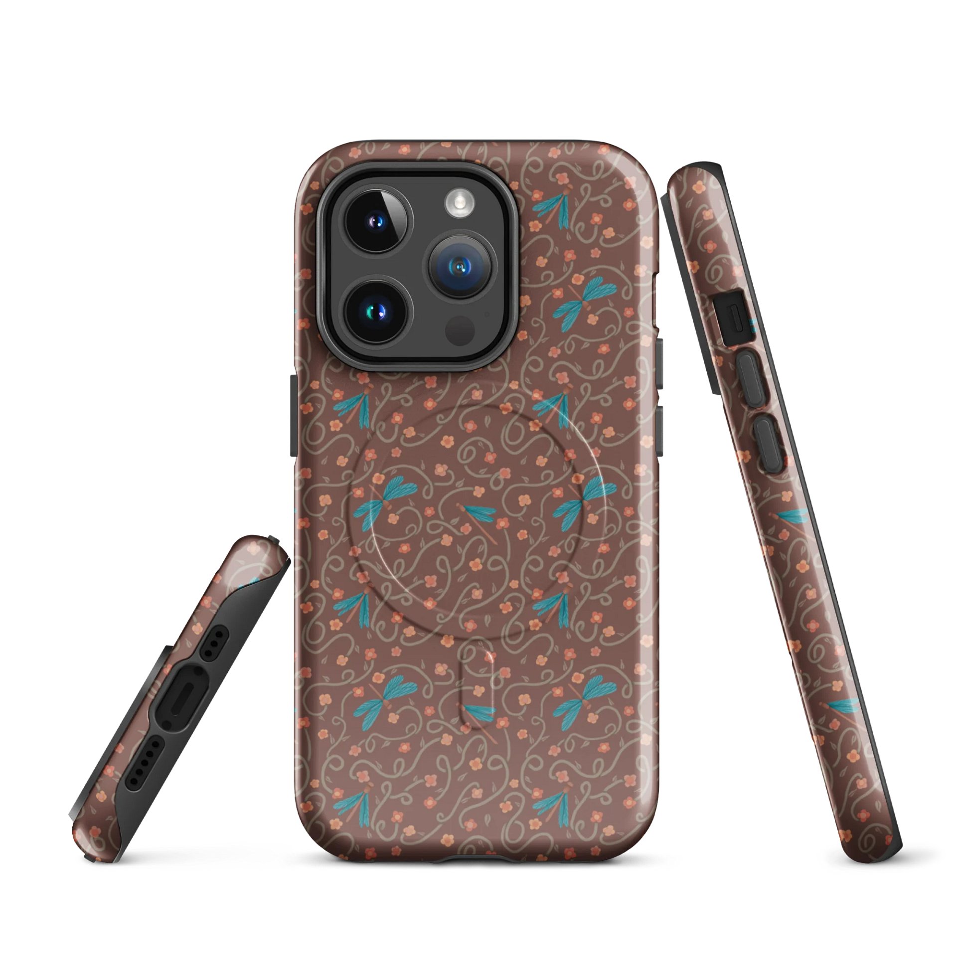 MagSafe case for iPhone with floral design and brown dragonflies. Artistic nature inspired protection product image (1)