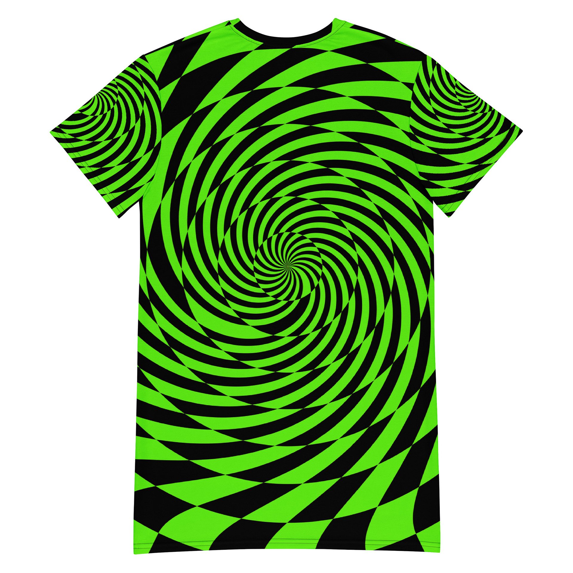 Trippy Rave Wear Spirals T-Shirt Dress, Psychedelic EDM Festival Outfit, Neon Green Black Alternative Fashion, Dance Party Checker Clothing product image (2)