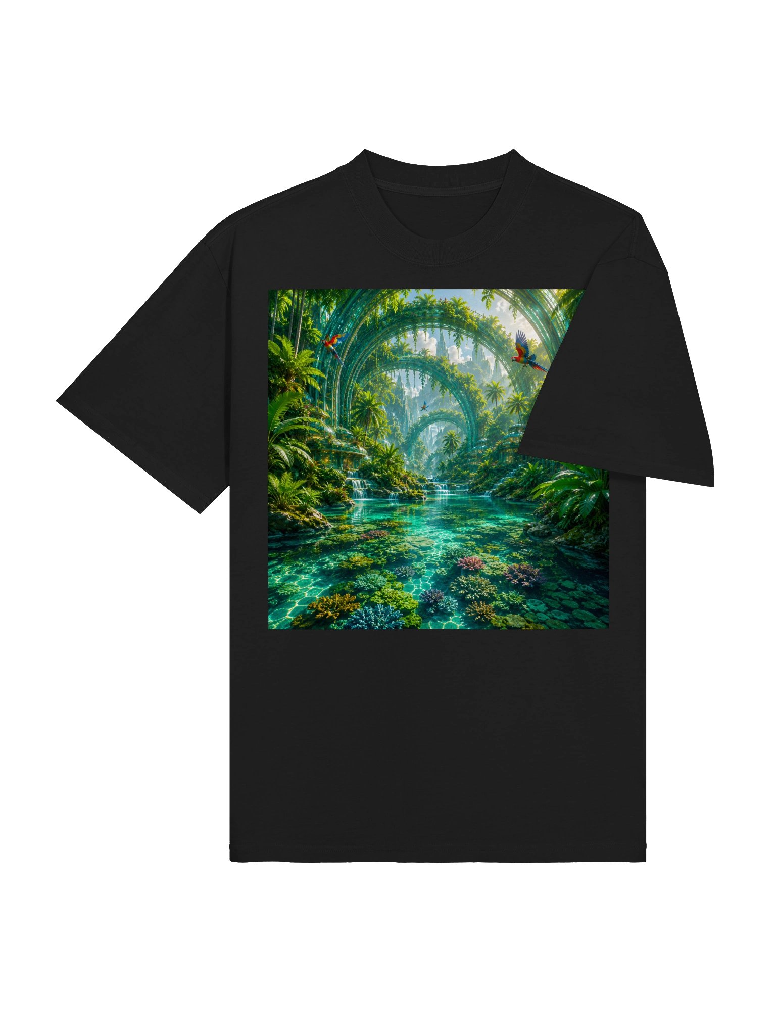 Futuristic Tropical Utopia T-Shirt | Turquoise Lagoon & Coral City Graphic Tee | Unisex Oversized product image (5)