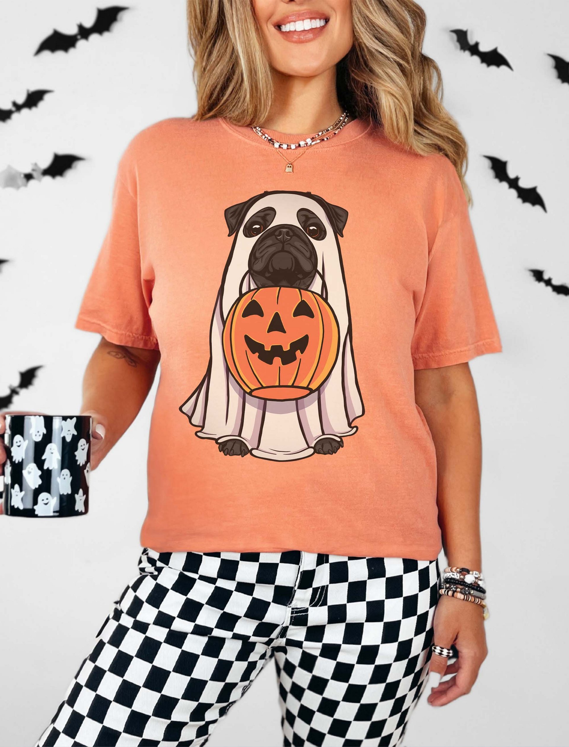 Funny Halloween Pug(Black) T-Shirt | Funny Dog Wearing a Ghost Costume and Holding a Pumpkin Basket product image (2)