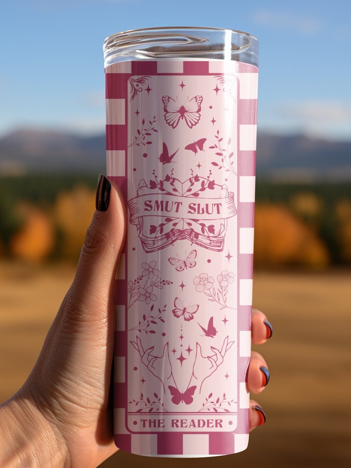 Smut Dark Romance 20oz Book Tumbler Full Wrap PNG, Checkered Pattern Pink, Spicy Morally Grey Seamless Sublimation Design, Digital Download product image (5)