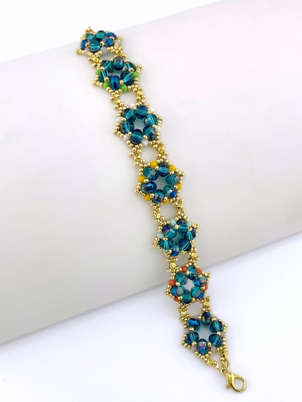 Hand-woven Teal, Gold, Multicolored Crystal Rondelle and Seed Bead Bracelet product image (3)