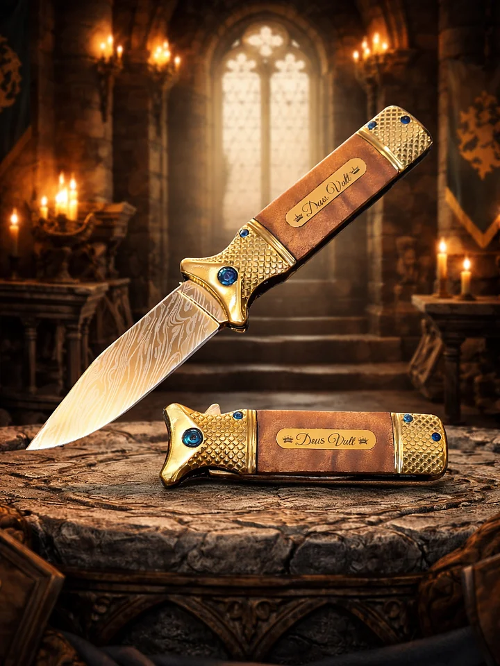 The Armored Kingdom Golden Deus Vult "God Wills it" Collectors Spring Assisted Knife-Durable product image (1)